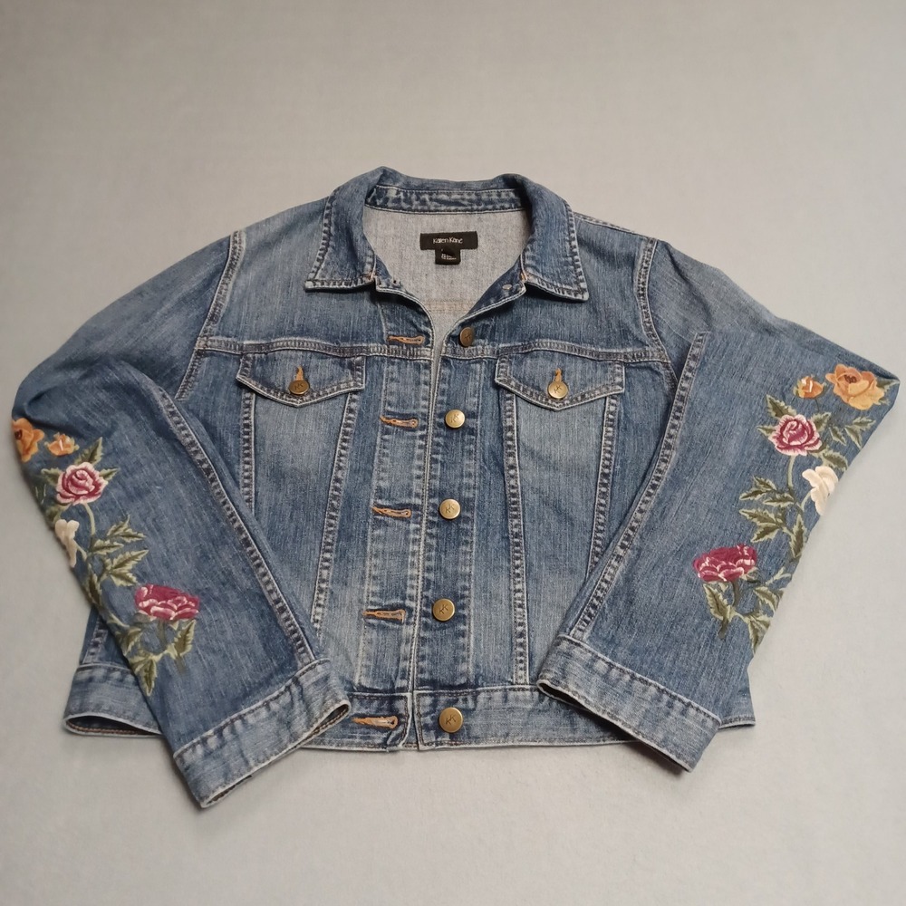 Karen Kane Denim Jacket Womens M Blue Floral Embroidered Jean Trucker Stretch